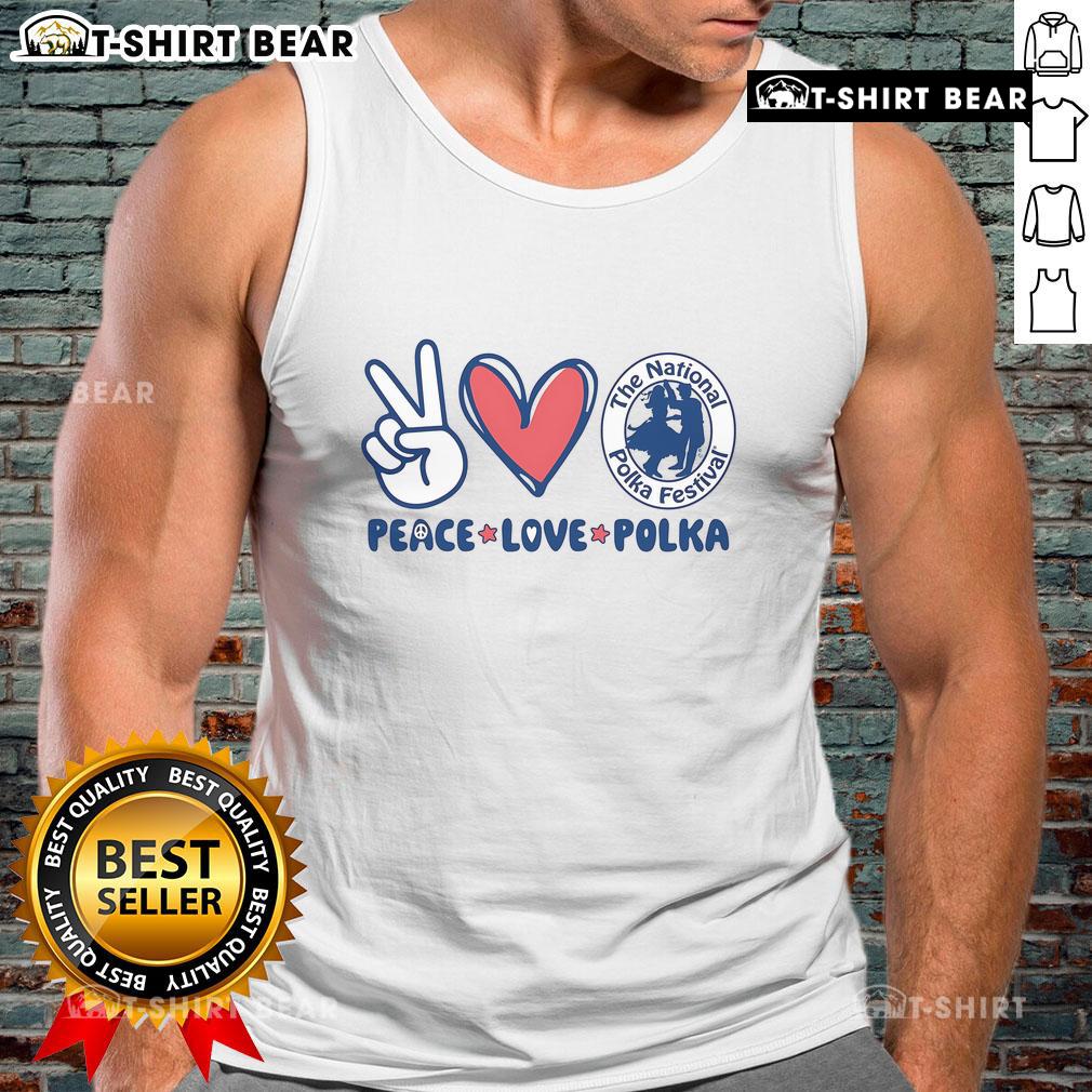 Pretty Peace Love Polka tank top featured at The National Polka Festival, showcasing vibrant colors and playful design.