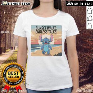 Pretty Stitch ladies tee featuring a beach sunset design, perfect for endless talks during evening walks by the shore.