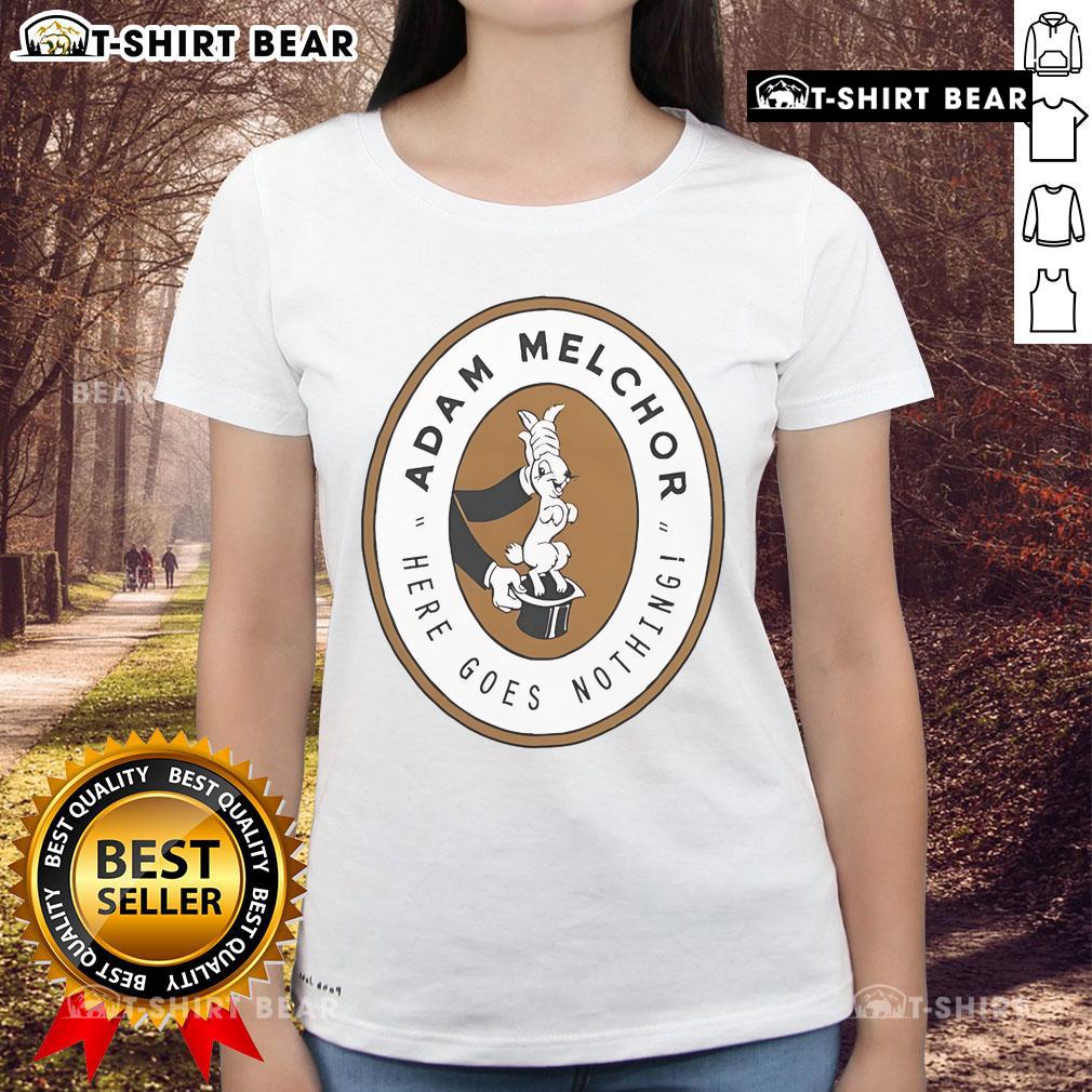 Alt Text: Top Adam Melchor Here Goes Nothing Bunny Ladies Tee featuring a stylish bunny graphic on a comfortable shirt.