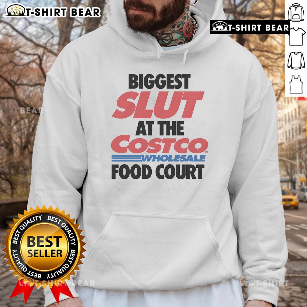 Stylish hoodie featuring 'Top Biggest Slut' design at a bustling wholesale food court, perfect for casual outings.