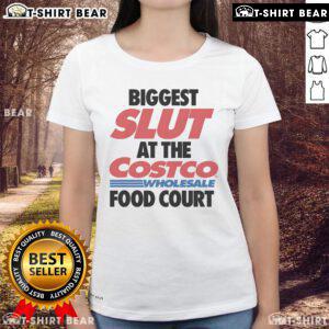 Top Biggest Slut at the Wholesale Food Court Ladies Tee displayed on a model, showcasing trendy design and vibrant colors.