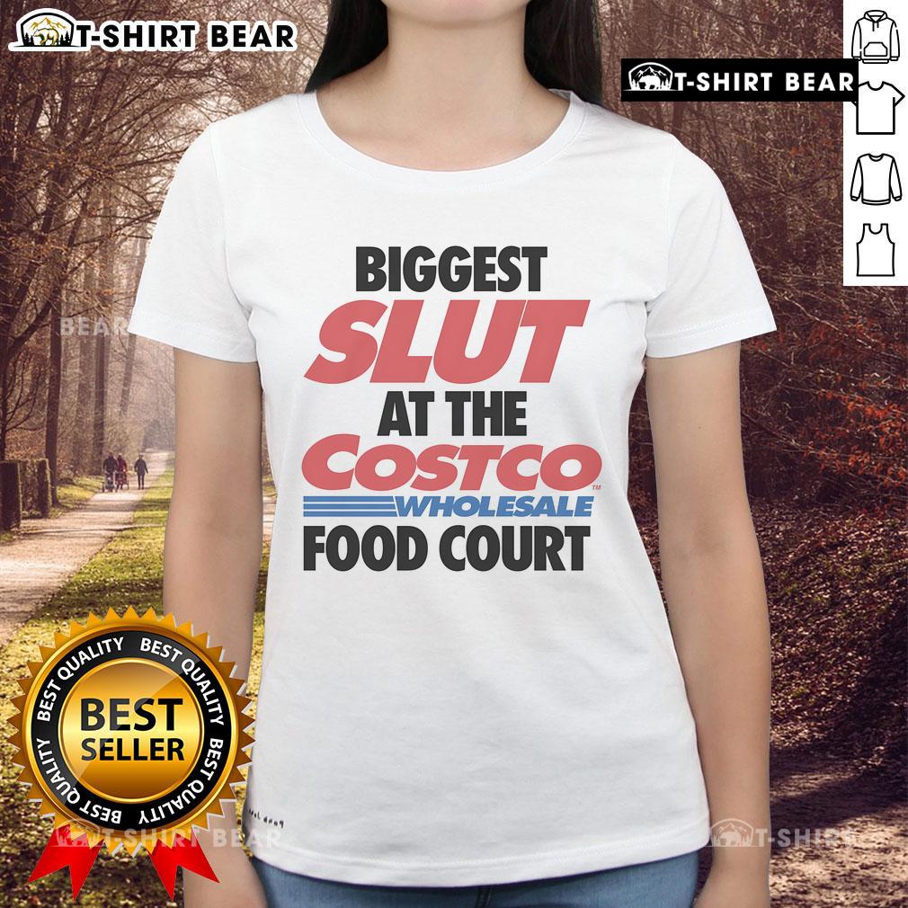 Top Biggest Slut at the Wholesale Food Court Ladies Tee displayed on a model, showcasing trendy design and vibrant colors.