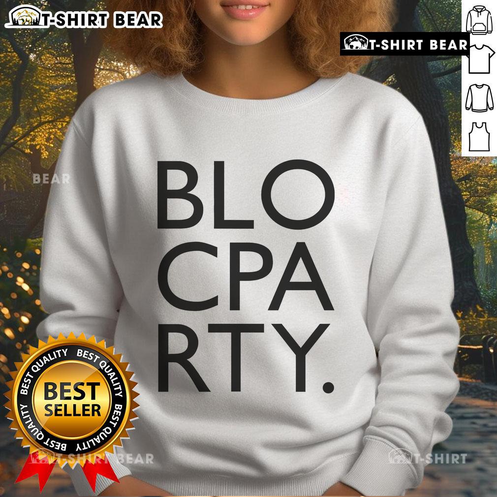 Top Bloc Party logo sweatshirt featuring vibrant colors and bold design, perfect for fans and stylish casual wear.