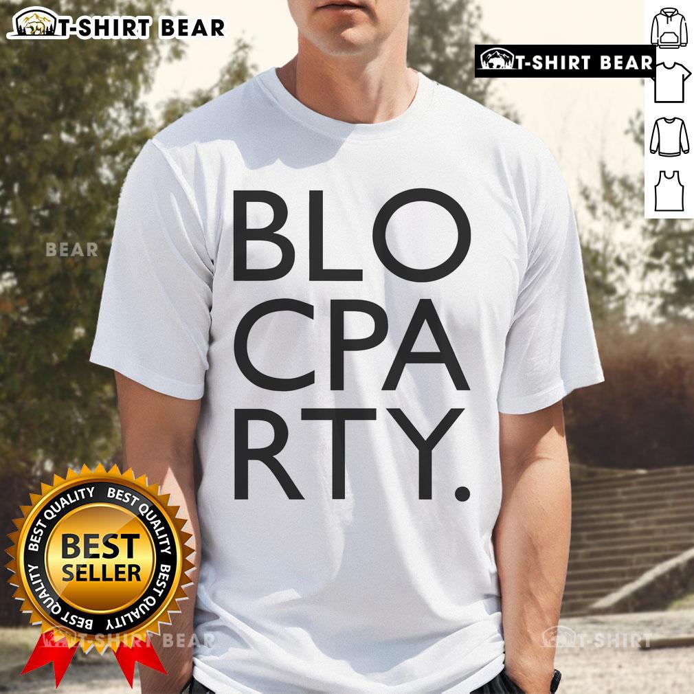 Alt Text: Stylish Top Bloc Party logo T-shirt featuring bold graphics, perfect for fans and casual wear.