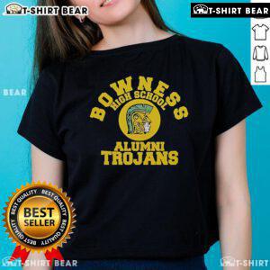 Top Bowness High School Alumni Trojans Ladies Tee featuring school colors and logo, perfect for proud graduates.