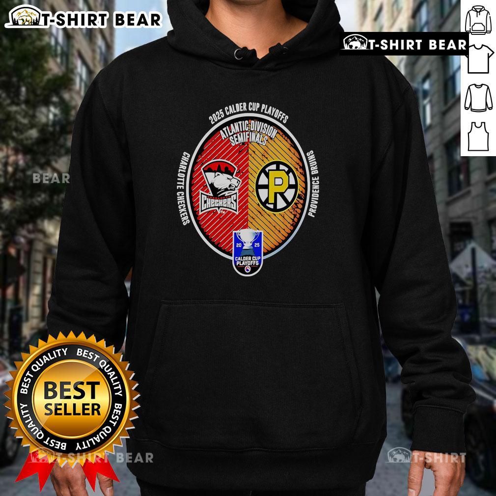 Top Charlotte Checkers vs Providence Bruins 2025 Calder Cup Playoffs hoodie featuring team logos and playoff graphics.