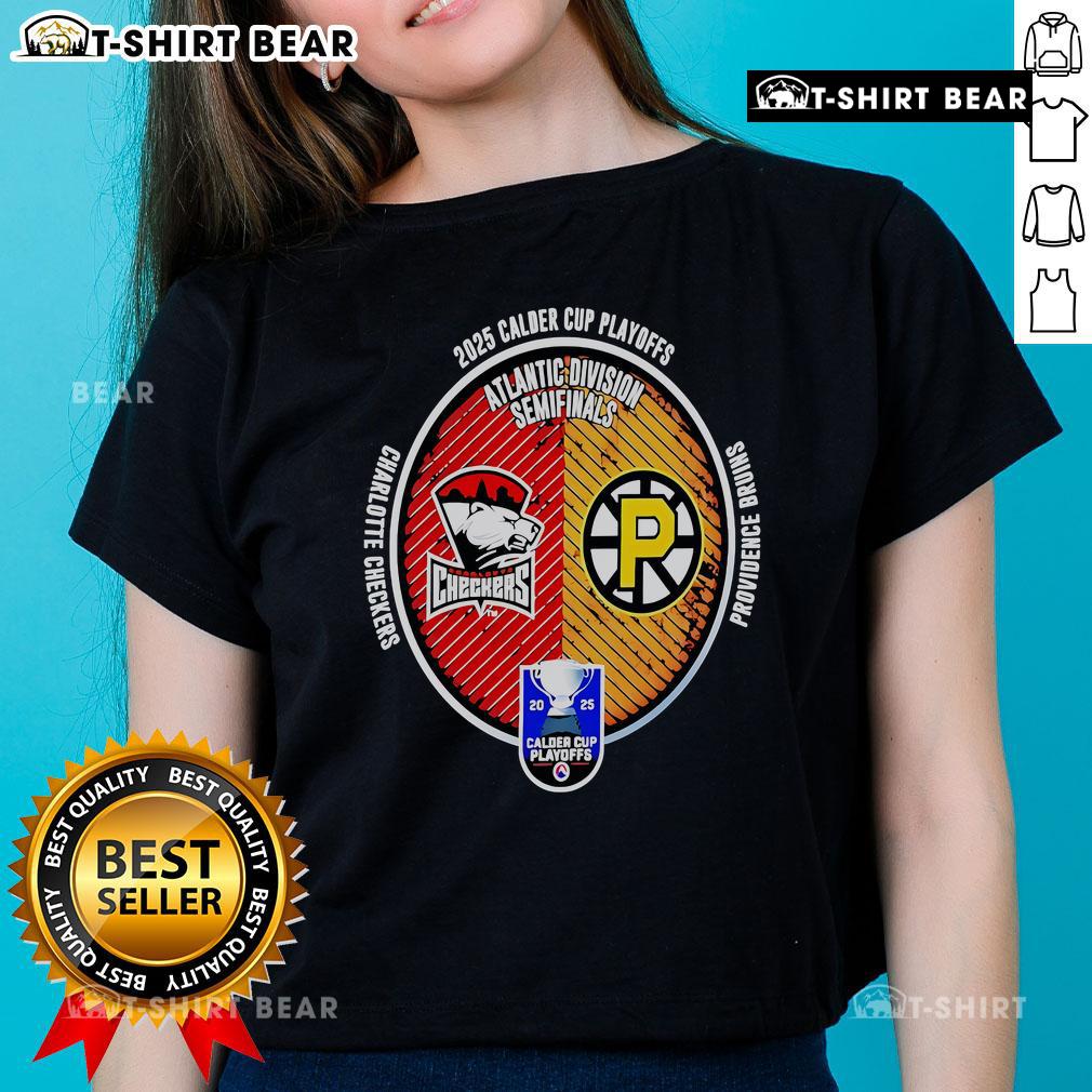 Top Charlotte Checkers vs Providence Bruins 2025 Calder Cup Playoffs ladies tee featuring team logos and vibrant design.