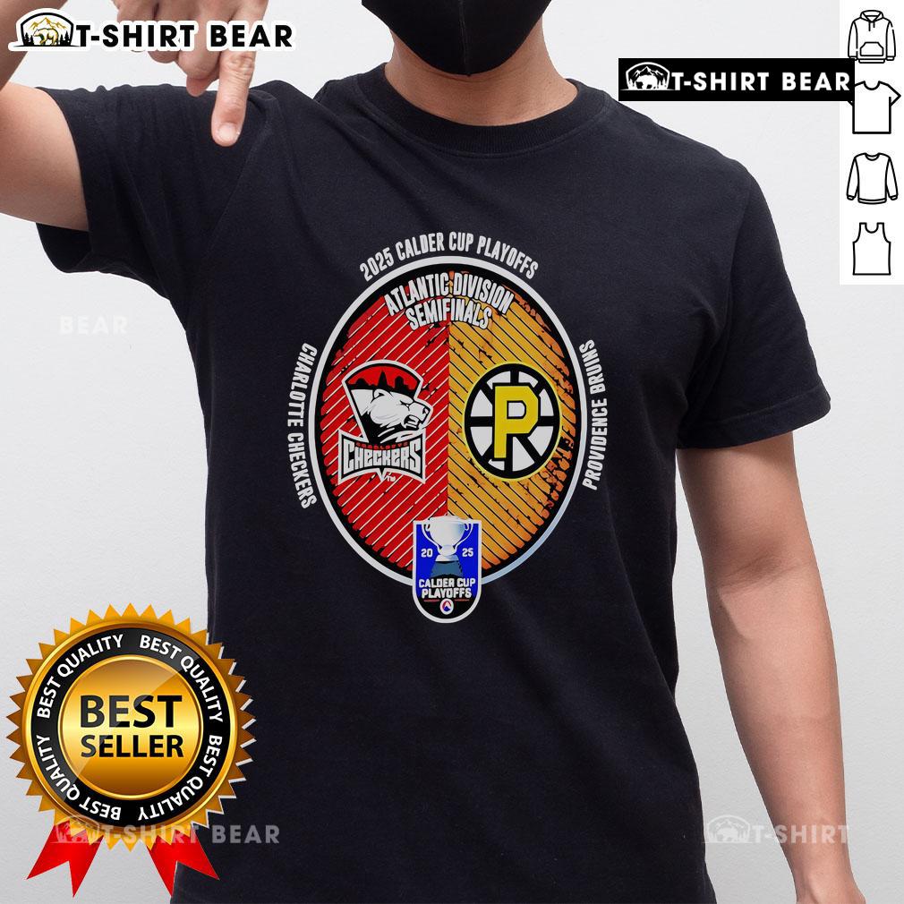 Top Charlotte Checkers vs Providence Bruins 2025 Calder Cup Playoffs T-Shirt featuring team logos and playoff graphics.