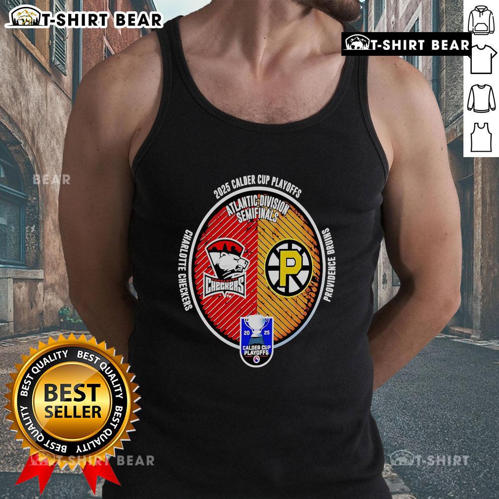 Fan wearing a Top Charlotte Checkers vs Providence Bruins 2025 Calder Cup Playoffs tank top at the game.