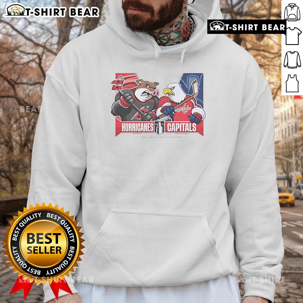 Alt Text: Dallas Stars vs. Carolina Hurricanes 2025 Eastern Conference Semi-Finals mascot hoodie featured in vibrant colors.