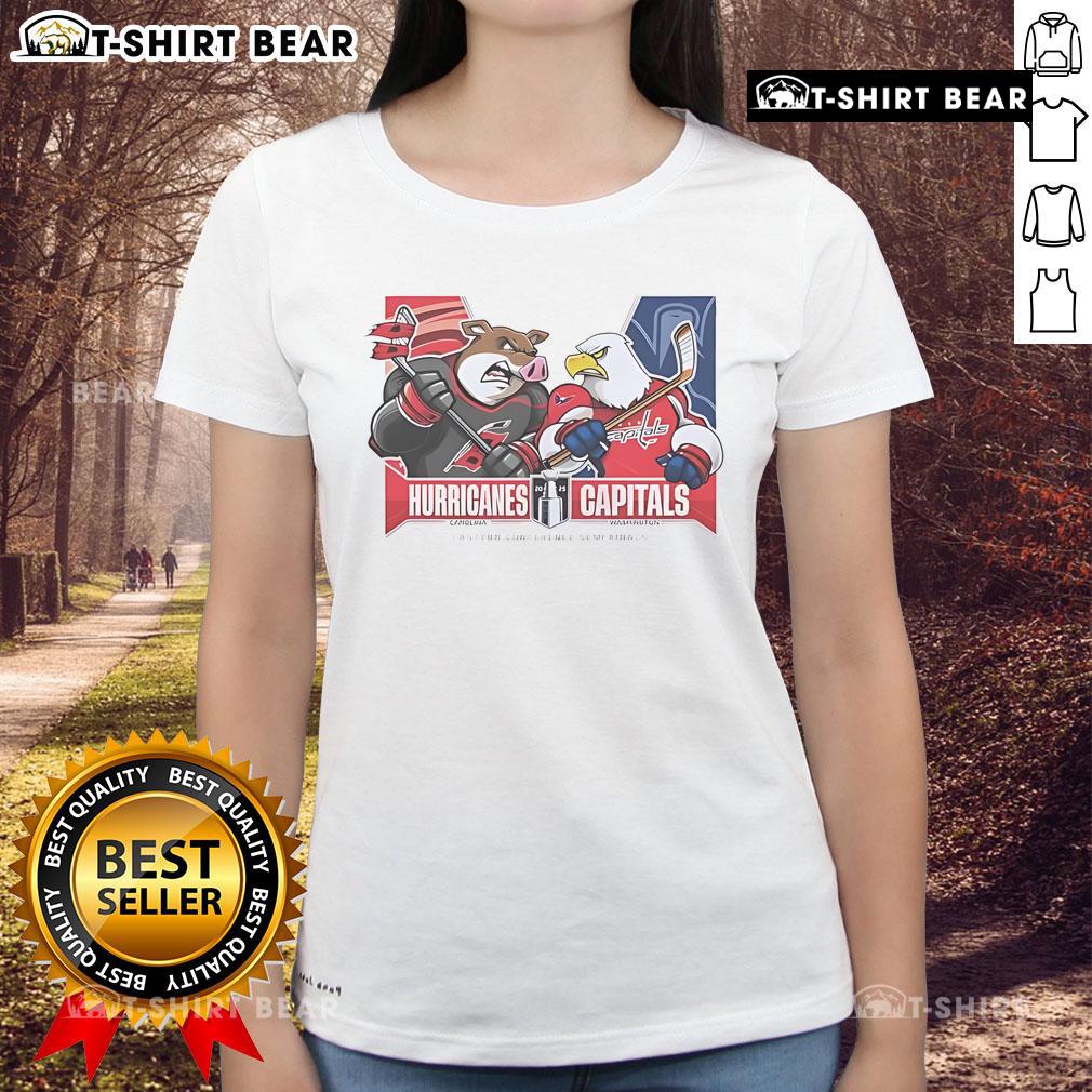Alt Text: Dallas Stars vs Carolina Hurricanes 2025 Eastern Conference Semi-Finals ladies tee featuring team mascots.