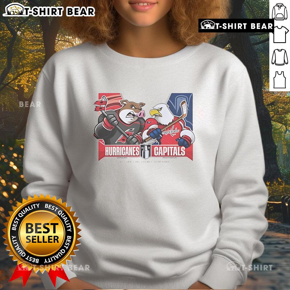Top Dallas Stars vs Carolina Hurricanes 2025 Eastern Conference Semi-Finals sweatshirt featuring team mascots.