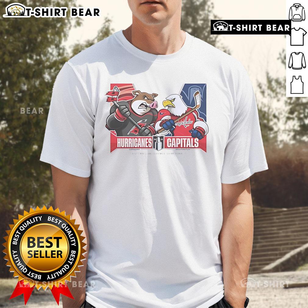 Alt Text: Dallas Stars vs Carolina Hurricanes 2025 Eastern Conference Semi Finals mascot t-shirt featuring team logos.