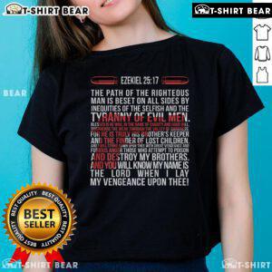Top Ezekiel 25:17 Ladies Tee featuring 'The Path of the Righteous Man' quote in stylish design for women.
