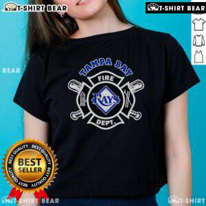 Alt Text: Top Fire Dept Tampa Bay Rays baseball ladies tee featuring team logo, perfect for fans and casual wear.