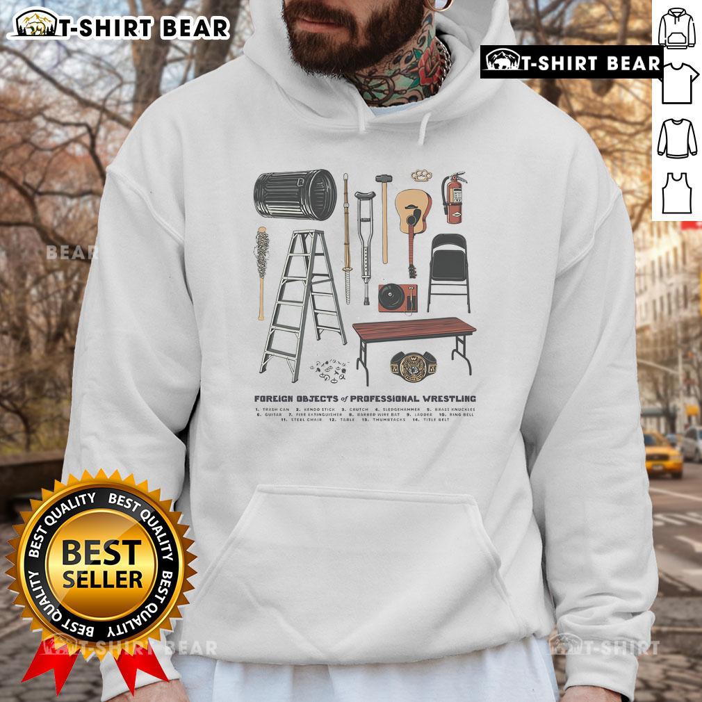 Stylish hoodie featuring top foreign objects of professional wrestling design, perfect for fans and collectors.