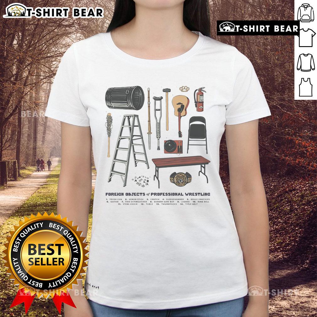 Top Foreign Objects of Professional Wrestling Ladies Tee featuring iconic wrestling props and bold graphic design.