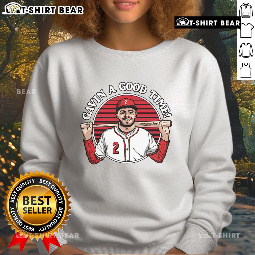 Gavin Lux wearing a stylish sweatshirt, showcasing the Top Gavin A Good Time design for trendy casual wear.