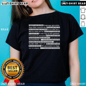 Top I Didn't Vote For Him in Multiple Languages Ladies Tee - Stylish women's shirt showcasing voting message in various languages.