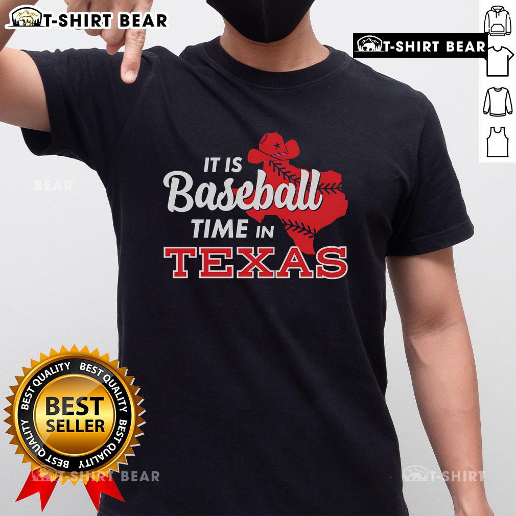 Top It's Baseball Time In Texas T-Shirt featuring vibrant graphics and bold text perfect for baseball fans in Texas.