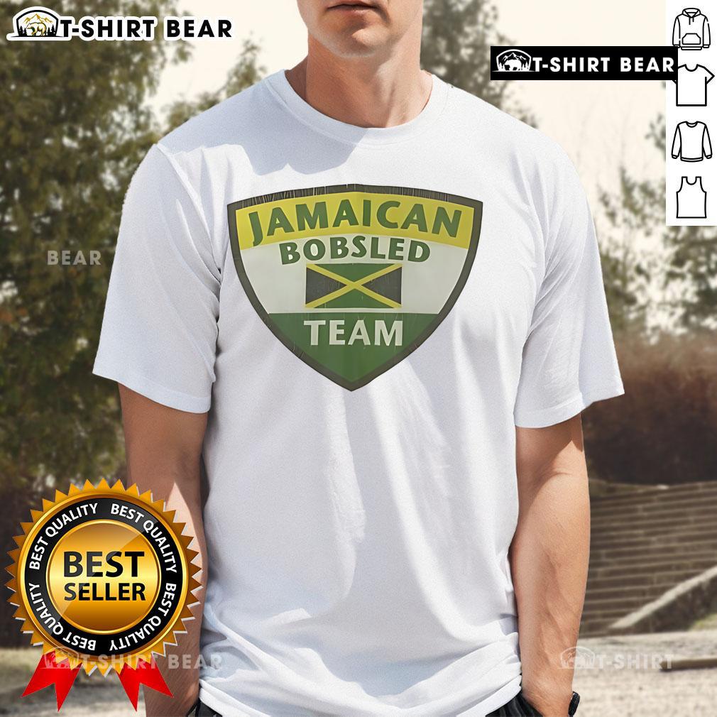 Alt Text: Top Jamaican Bobsled Team Logo T-Shirt featuring vibrant colors and iconic bobsled design for fans and athletes.