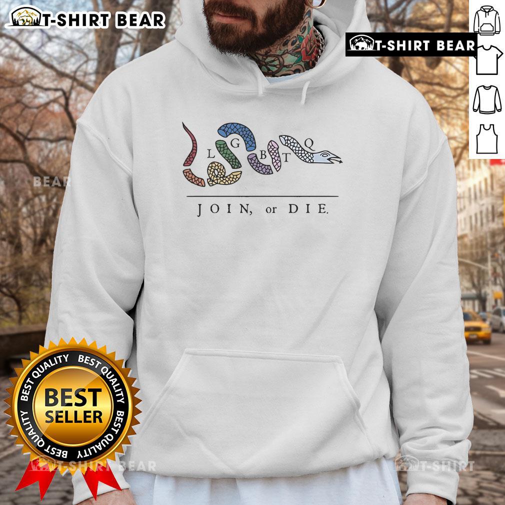 Colorful 'Join or Die' LGBTQ snake hoodie showcasing vibrant design and inclusivity for pride and fashion enthusiasts.