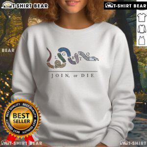 Alt Text: Colorful 'Join or Die' LGBTQ snake sweatshirt showcasing pride and individuality in a stylish design.