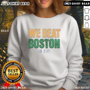 New York Knicks playoff basketball sweatshirt celebrating victory over Boston in six games, featuring vibrant team colors.