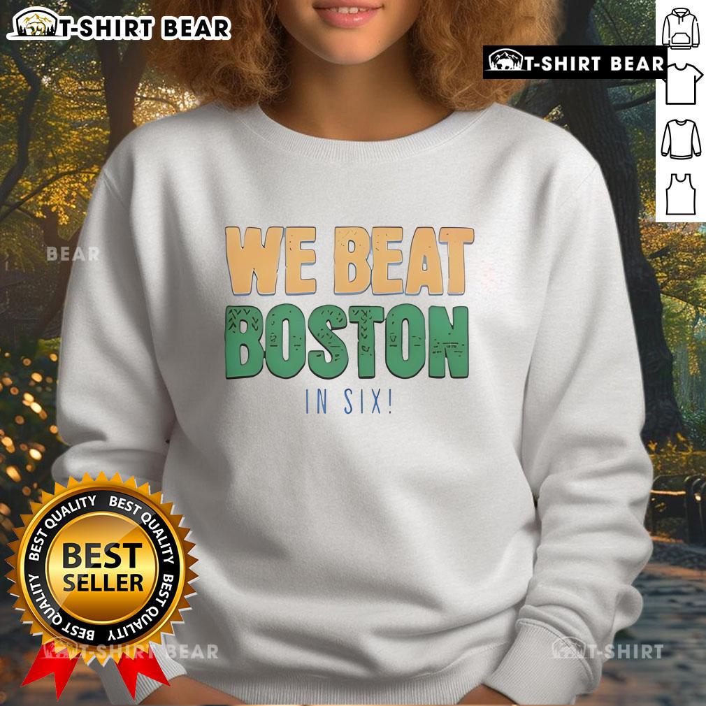 New York Knicks playoff basketball sweatshirt celebrating victory over Boston in six games, featuring vibrant team colors.
