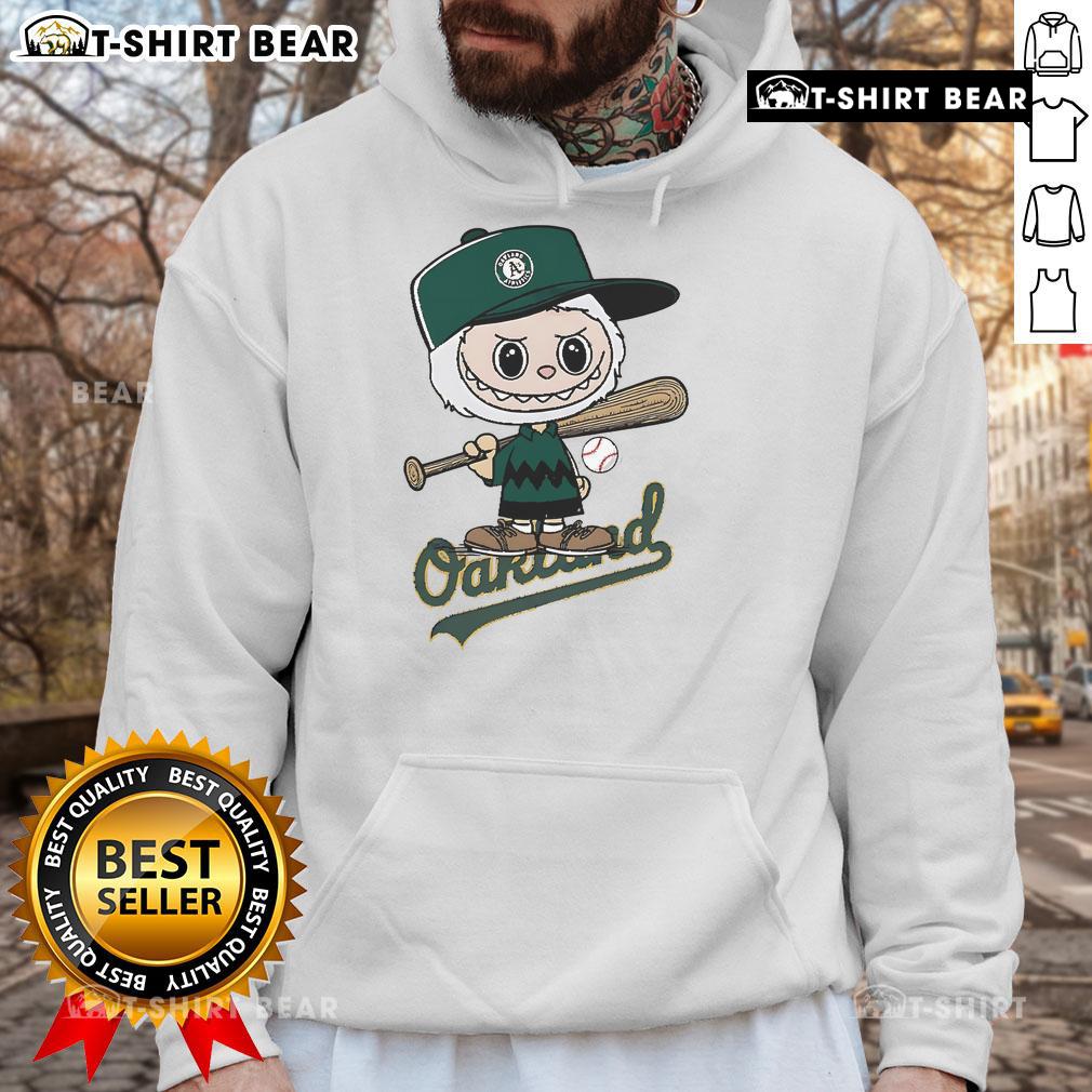 Top Labubu Charlie Brown Oakland Athletics Hoodie displayed on a hanger, showcasing vibrant colors and team logo.