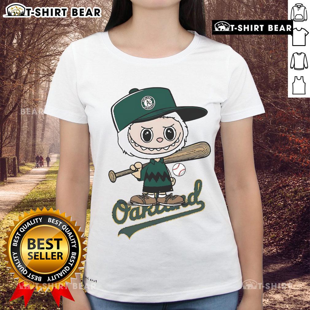 Top Labubu Charlie Brown Oakland Athletics Ladies Tee in vibrant green, perfect for female A's fans and casual wear.