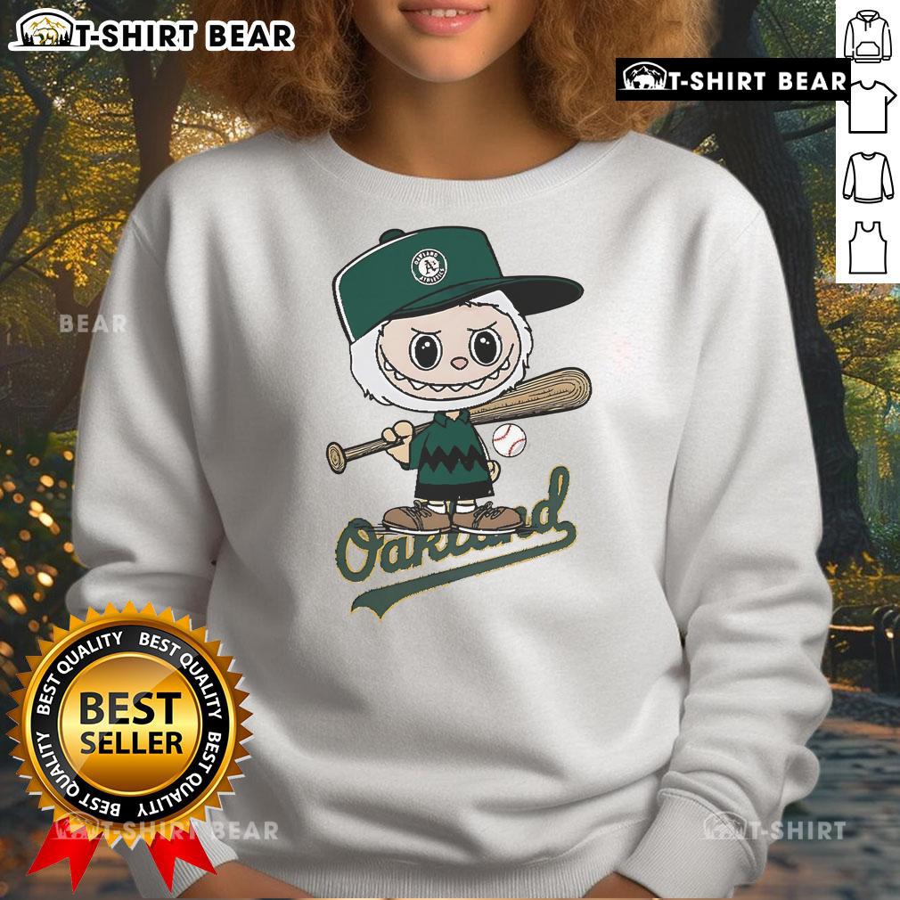 Top Labubu Charlie Brown Oakland Athletics sweatshirt featuring vibrant colors and a cozy design for fans.