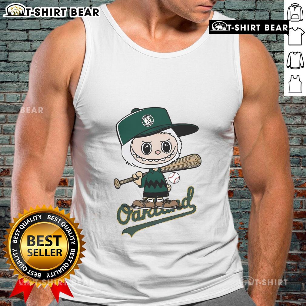 Top Labubu Charlie Brown Oakland Athletics tank top featuring vibrant team colors and playful design for fans.