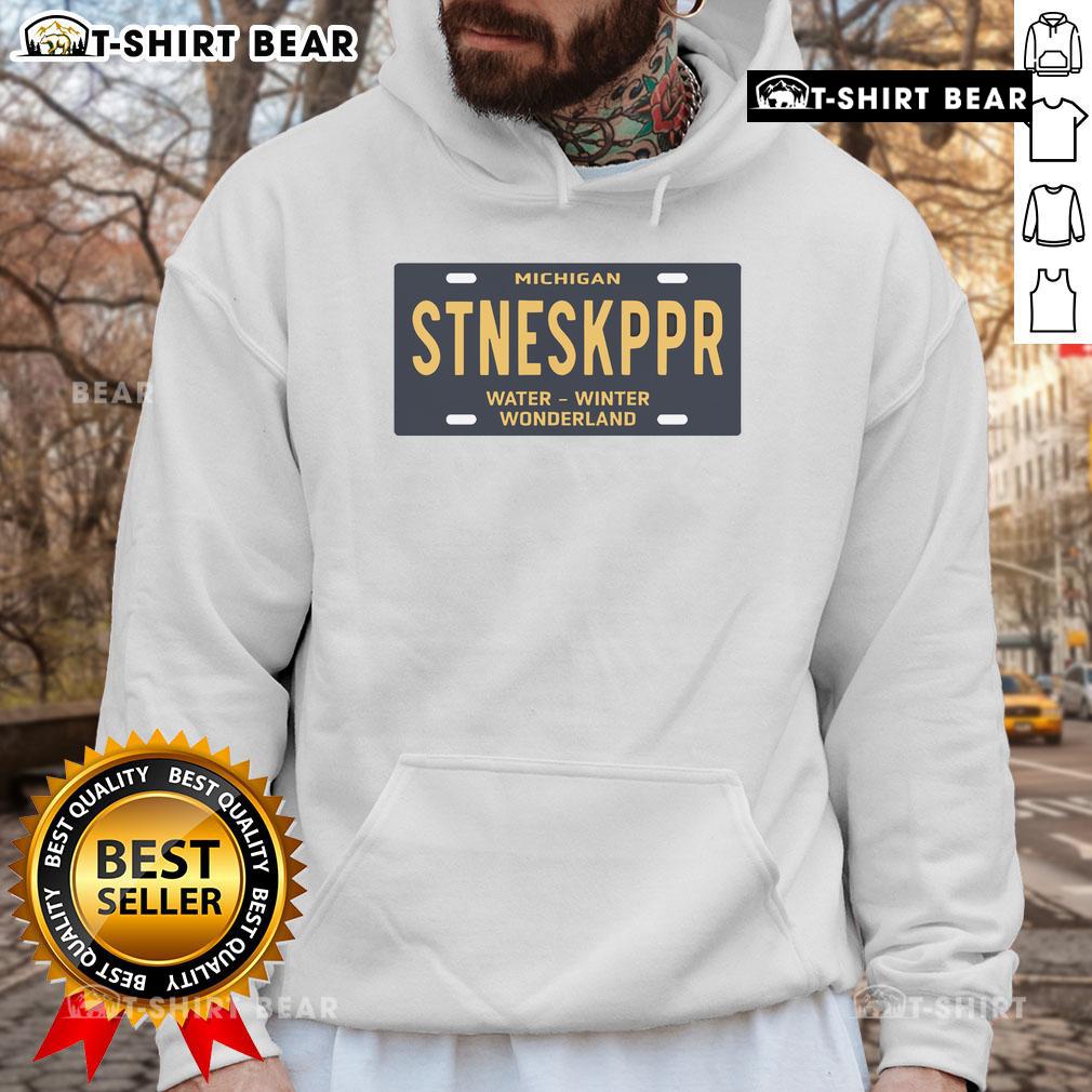 Cozy hoodie featuring the Top Michigan Stoneskipper Water Winter Wonderland license plate design, perfect for winter fashion.