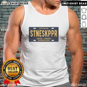 Alt Text: Top Michigan Stoneskipper Water Winter Wonderland license plate tank top featuring a vibrant design and unique graphics.