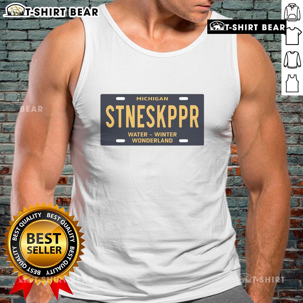Alt Text: Top Michigan Stoneskipper Water Winter Wonderland license plate tank top featuring a vibrant design and unique graphics.
