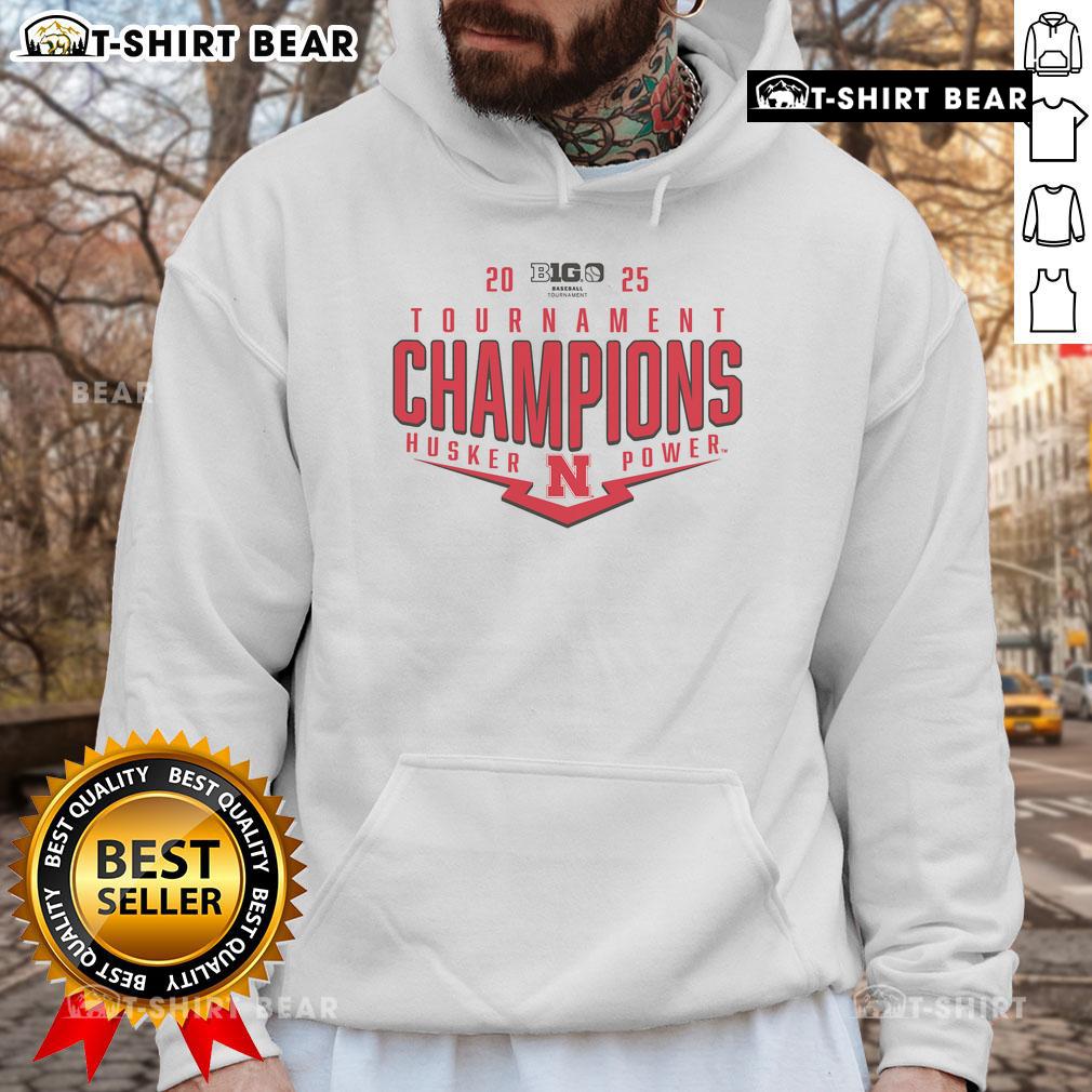 Alt Text: Nebraska Huskers 2025 Big Ten Baseball Conference Tournament Champions hoodie featuring a playoff pitch design.