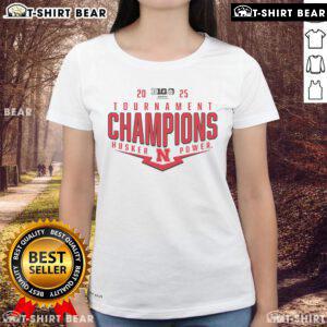 Alt Text: 2025 Big Ten Baseball Conference Tournament Champions tee celebrating Nebraska Huskers playoff victory.