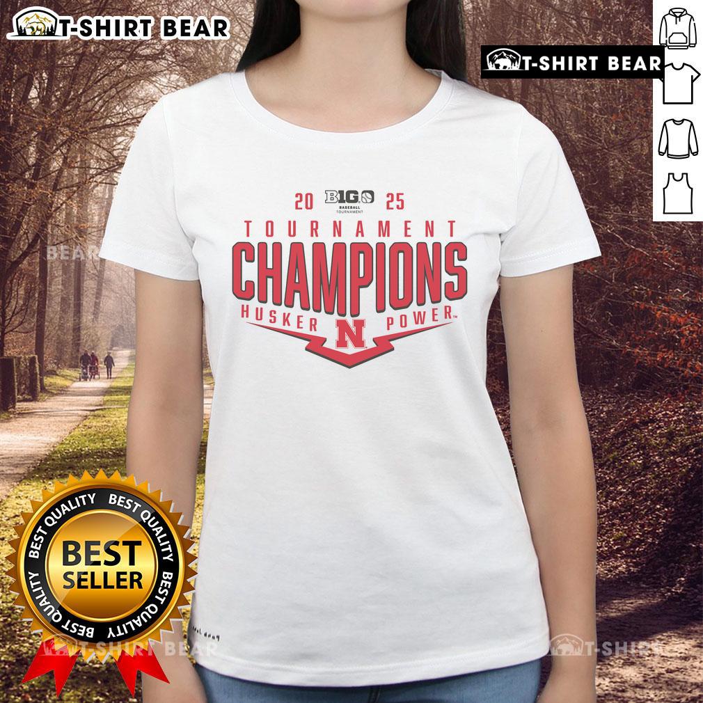 Alt Text: 2025 Big Ten Baseball Conference Tournament Champions tee celebrating Nebraska Huskers playoff victory.
