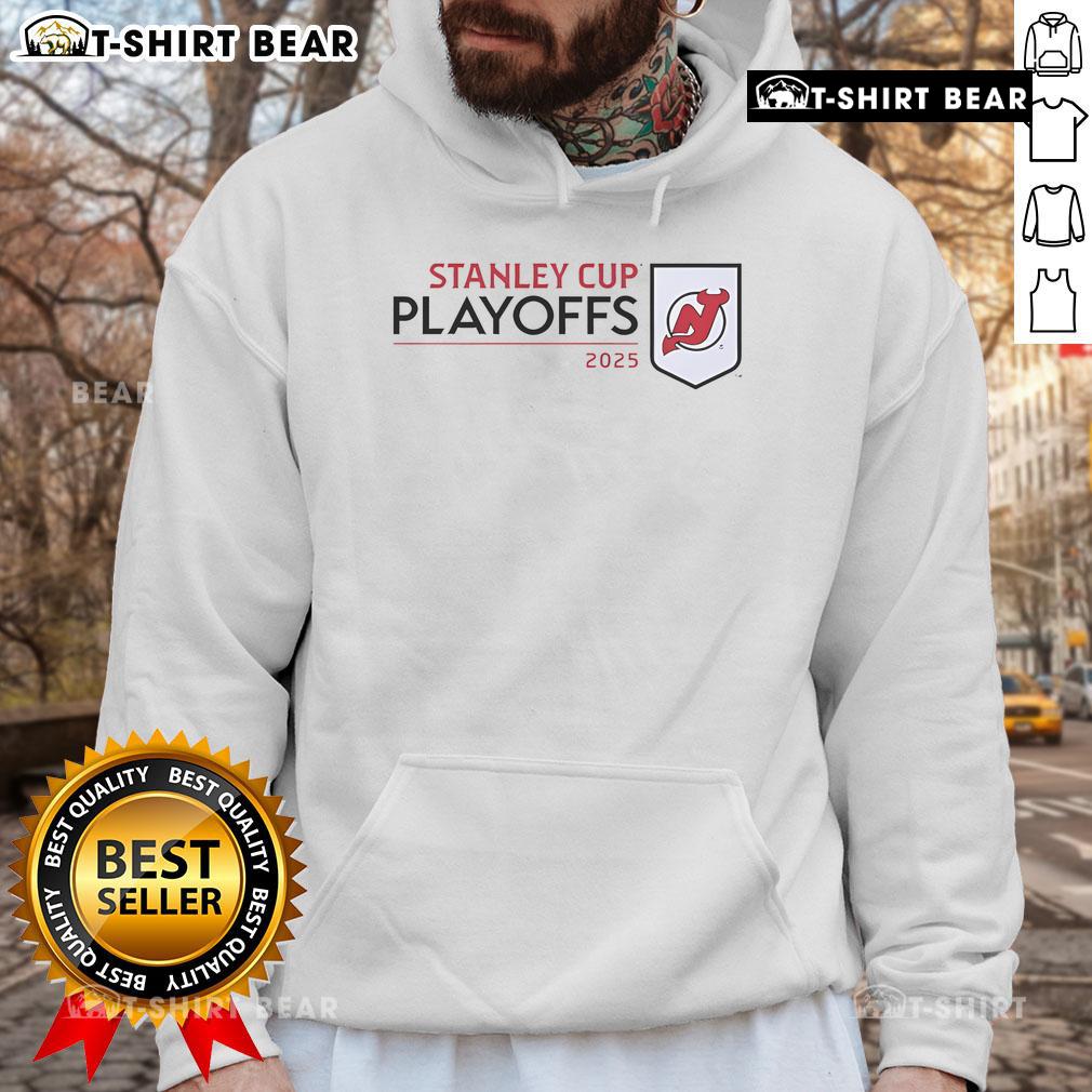 Top New Jersey Devils 2025 NHL Stanley Cup Playoffs Champions Hoodie featuring team logo and playoff graphics.