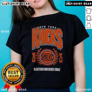 Stylish Top New York Knicks 2025 NBA Eastern Conference Finals ladies tee in vibrant team colors, perfect for fans.