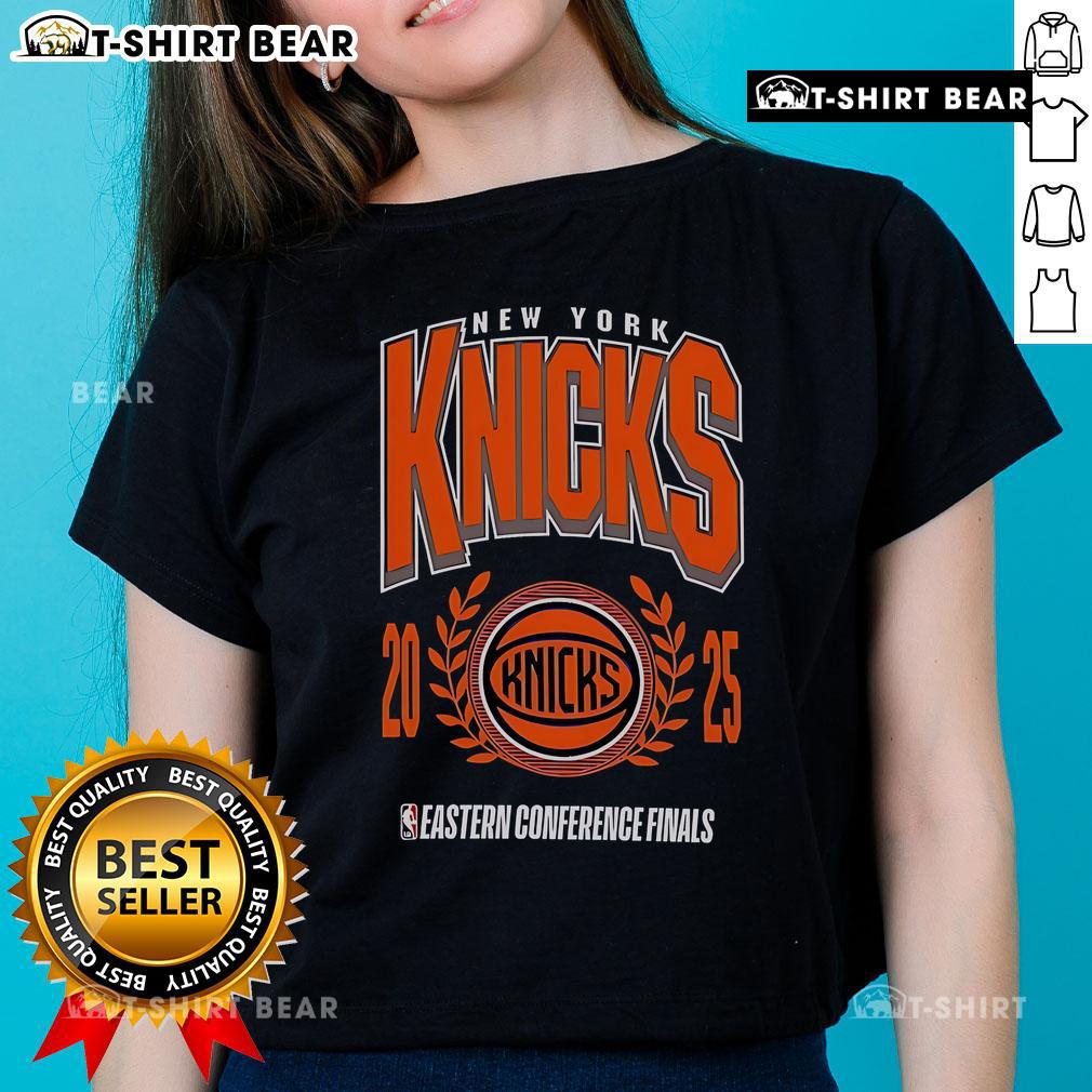 Stylish Top New York Knicks 2025 NBA Eastern Conference Finals ladies tee in vibrant team colors, perfect for fans.