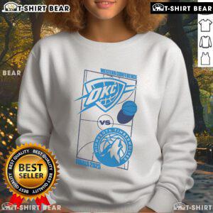 Top Oklahoma City Thunder 2025 Western Conference Finals matchup sweatshirt featuring team colors and logo.