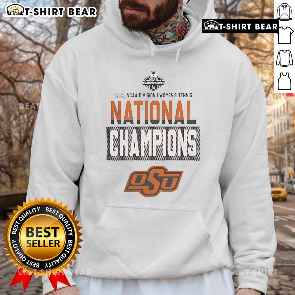Alt Text: Oklahoma State University 2025 NCAA DI Women's Tennis National Champions Hoodie in black with team logo and design.