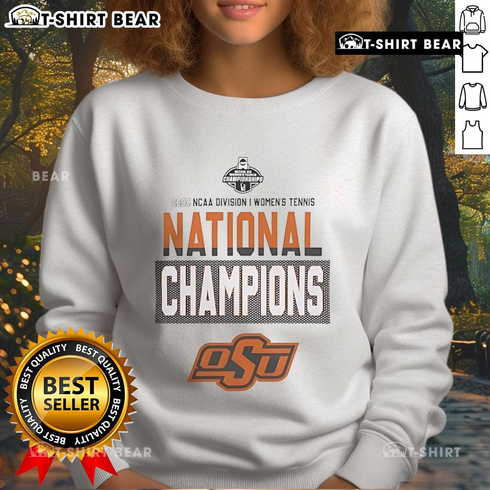 Top Oklahoma State University 2025 NCAA DI Women's Tennis National Champions sweatshirt in orange and black design.