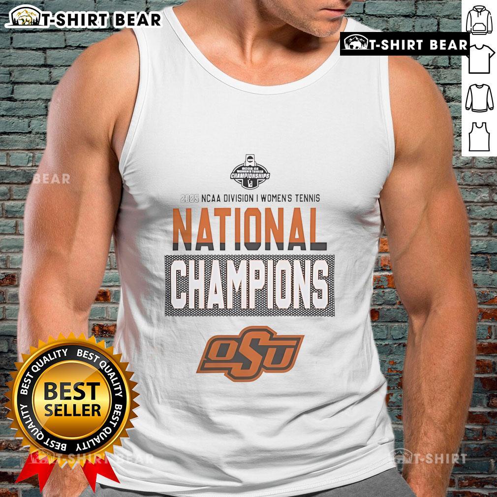 Top Oklahoma State University 2025 NCAA DI Women's Tennis National Champions tank top design featuring school colors.