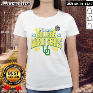 Top Oregon Ducks 2025 NCAA Softball Women's College World Series ladies tee featuring team colors and logo.