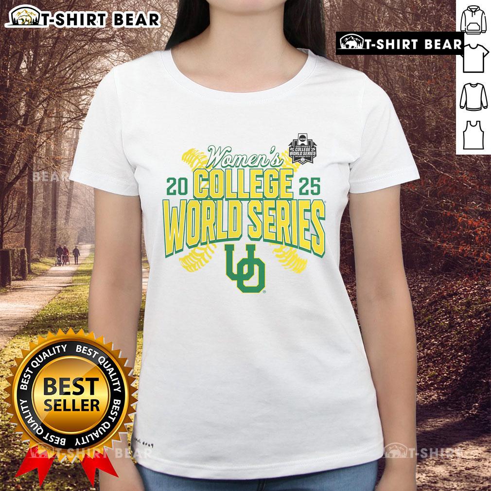 Top Oregon Ducks 2025 NCAA Softball Women's College World Series ladies tee featuring team colors and logo.