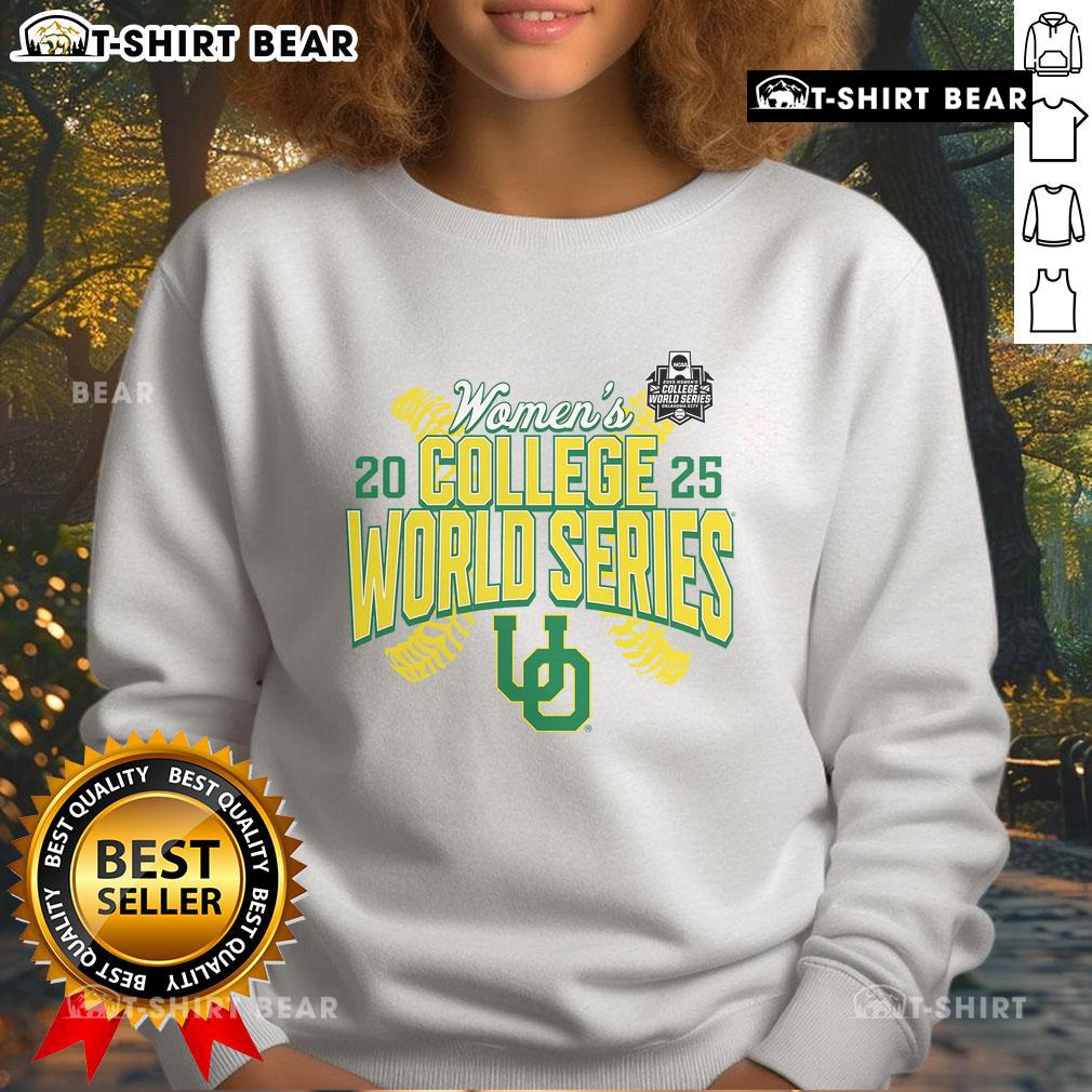Oregon Ducks 2025 NCAA Softball Women's College World Series sweatshirt design in green and yellow colors.