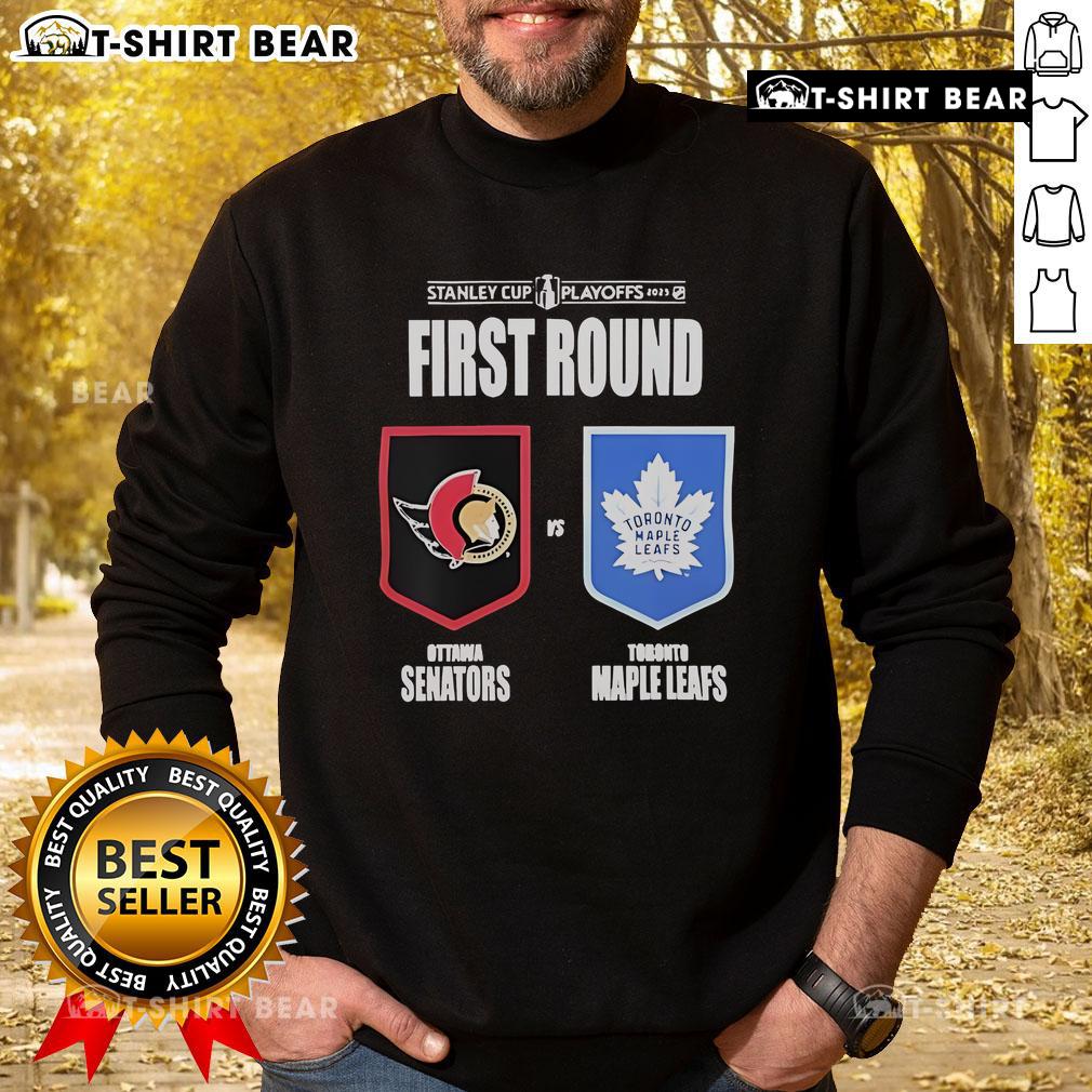 Alt Text: Top Ottawa Senators vs Toronto Maple Leafs 2025 Stanley Cup Playoffs sweatshirt featuring team logos and vibrant colors.